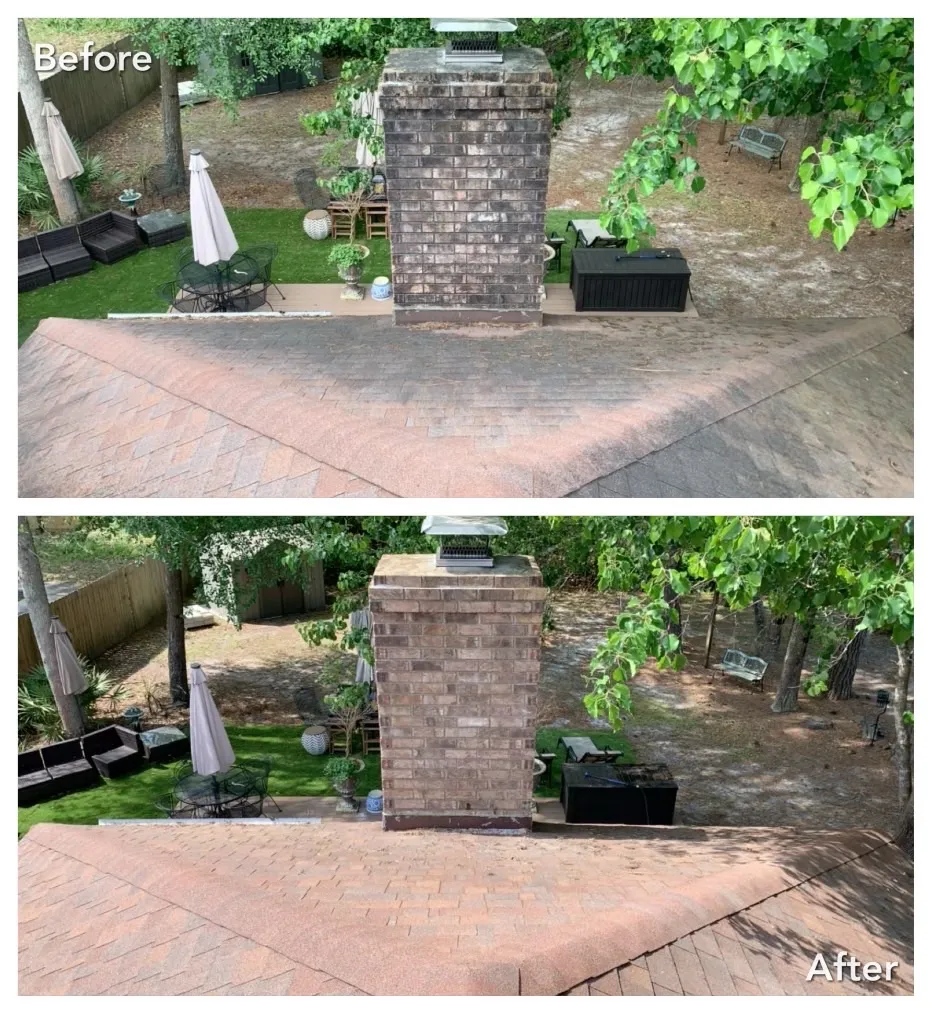 Before and after black streak removal on roof